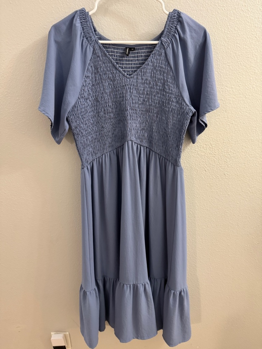 Smocked V-Neck Midi Dress in Dusty Blue